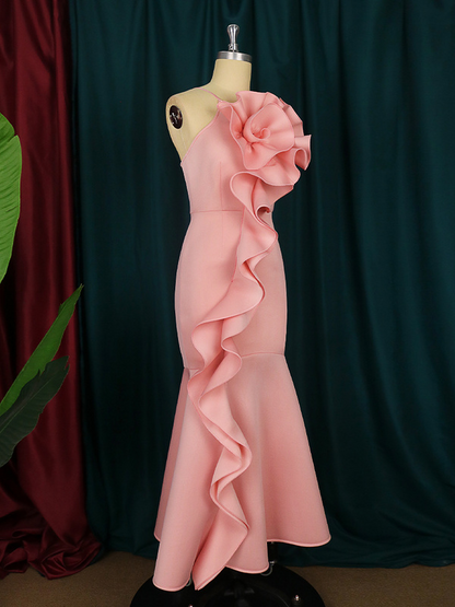 Pink Big Flower Ruffles Mermaid Off Shoulder Dress Ladies