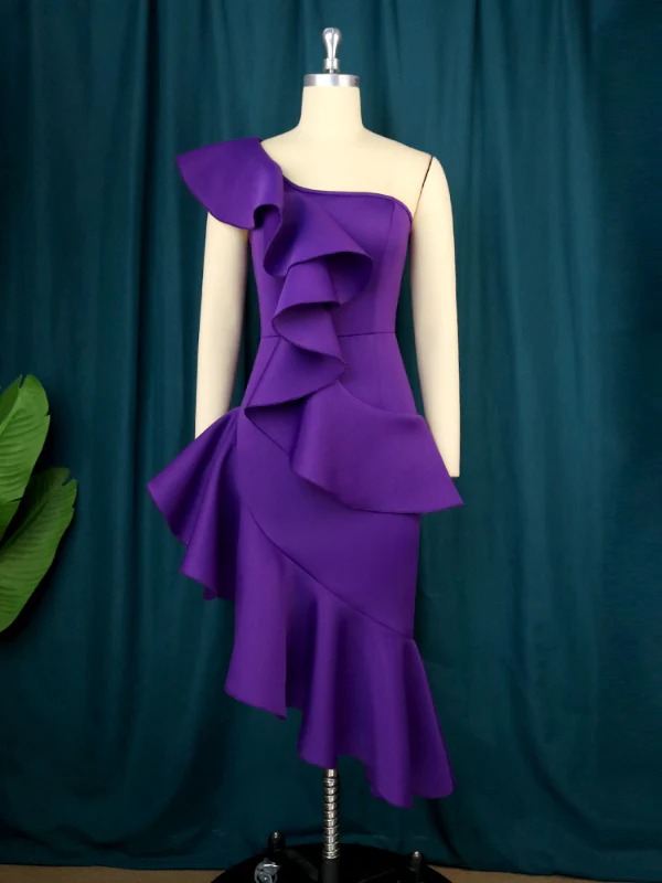 Sexy One Shoulder Ruffles Purple Dresses Mini