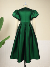 Puff Sleeve High Waist Pleated Green Prom Dress