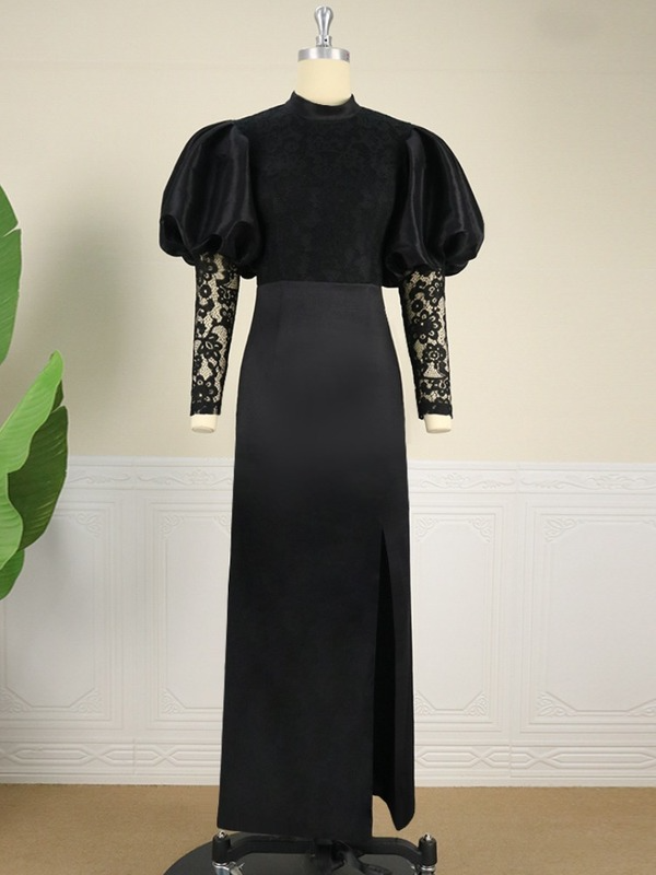 Puff Sleeve Lace Patchwork Half Slit Black Long Dresses Ladies