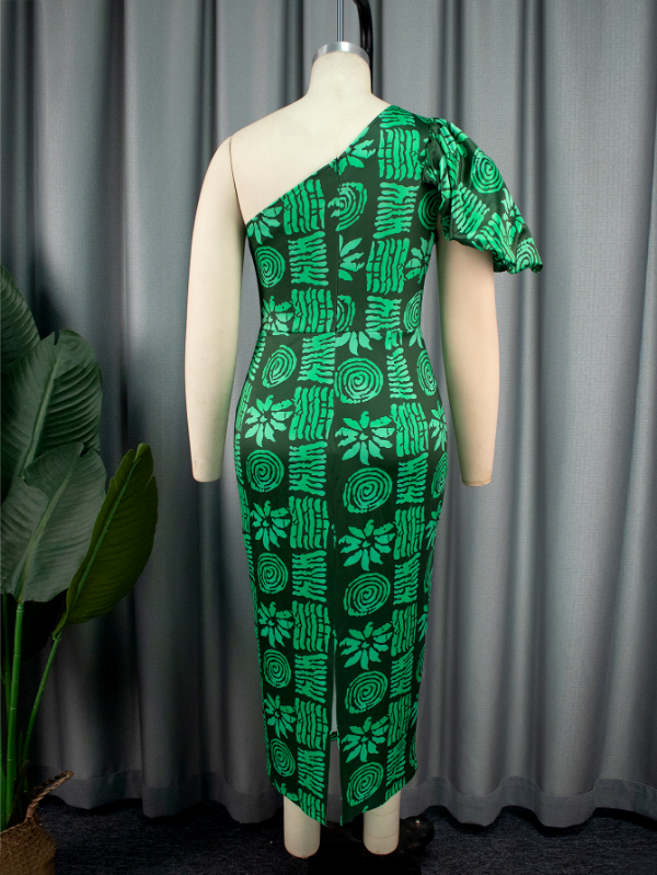 AOMEI One Shoulder Green African Printed Dresses Midi