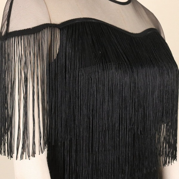 Black Tulle Patchwork See Through Sleeveless Fringe Dress