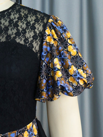 AOMEI Retro Vintage Print Lace Ruffles Maxi Dress