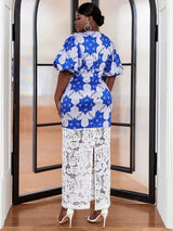 AOMEI Women Blue Printed Patchwork Lace Dress Maxi