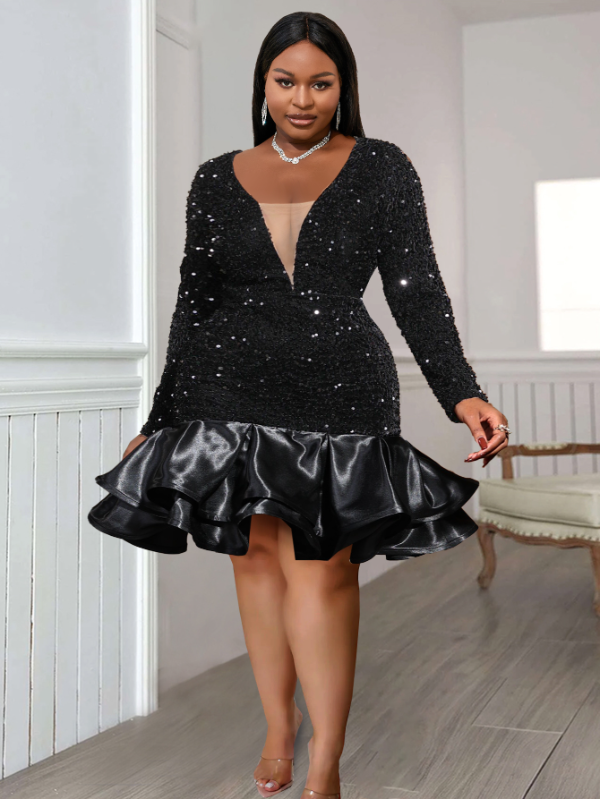 Women Deep V Black Velvet Sequin Dress Mini