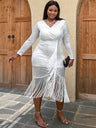 Silver Sequin Long Sleeve Tassel Bodycon Party Dress