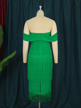 AOMEI Off Shoulder Green Fringe Christmas Dress