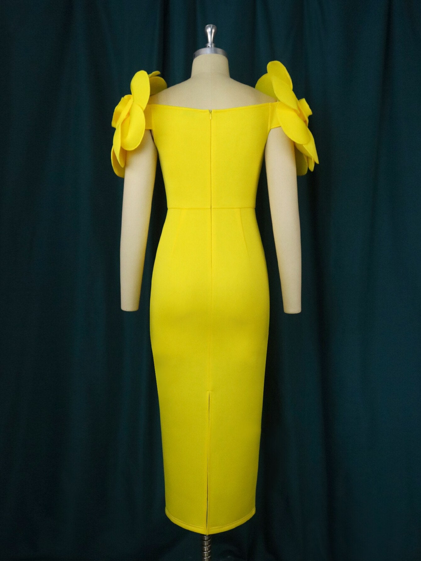 Women Yellow Flower Sleeves Elegant Party Dress