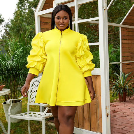 AOMEI Women Loose Yellow Ruffle Mini Dress