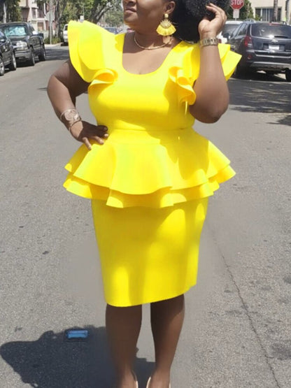 AOMEI Yellow Ruffle Short Sleeve Bodycon Office Dress