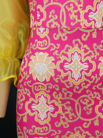 AOMEI Printed Tulle Sleeve Long Bodycon Dress Maxi