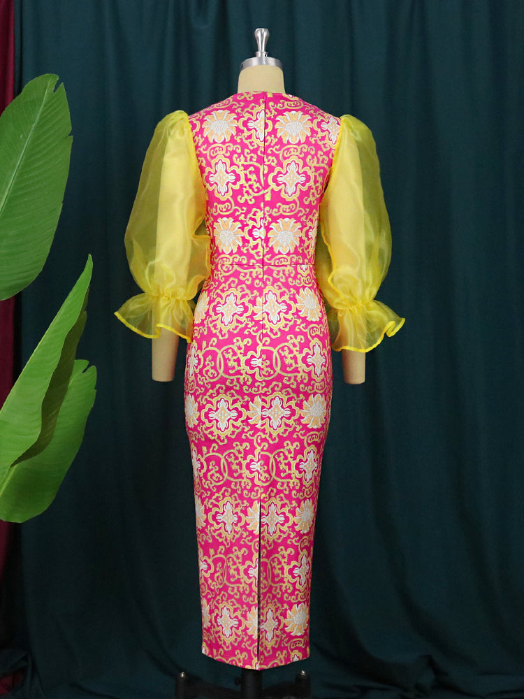 AOMEI Printed Tulle Sleeve Long Bodycon Dress Maxi