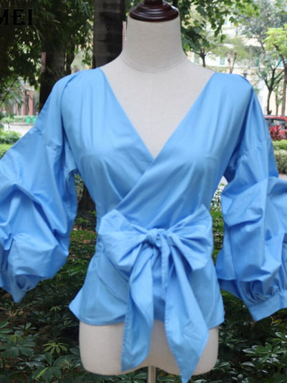 V Neck Puff Sleeve Sashes Wrap Casual Shirt Blouses Women