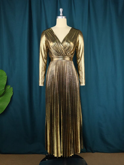 AOMEI Pleated Shiny Vintage Christmas Dress Maxi