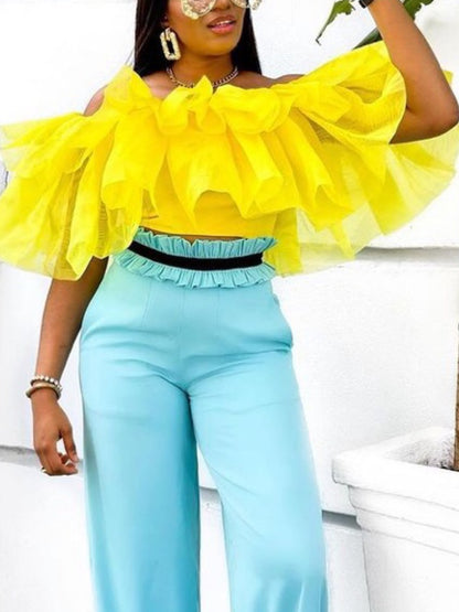 Yellow Ruffles Off Shoulder Tulle Patchwork Shirt Tops Lady's