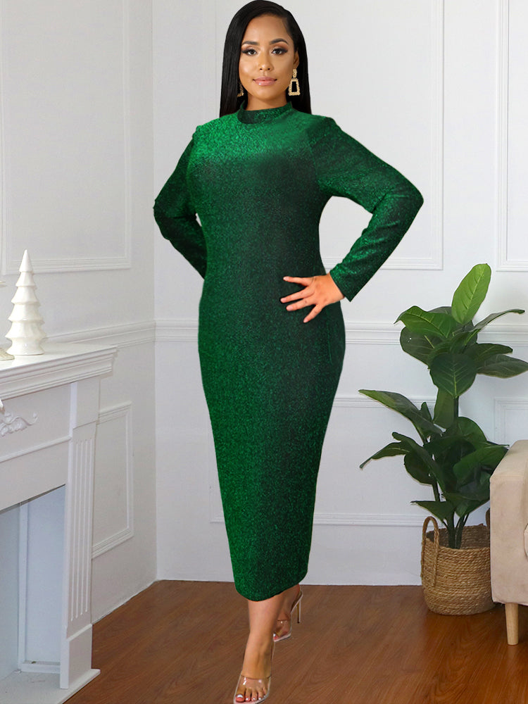 AOMEI Green Long Sleeve Midi Shiny Dress