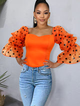 Orange Gauze Polka Dot Puff Sleeve Square Collar Girls Blouses