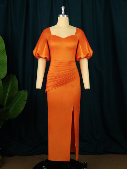 Women Shiny Bodycon Pleate Orange Dress