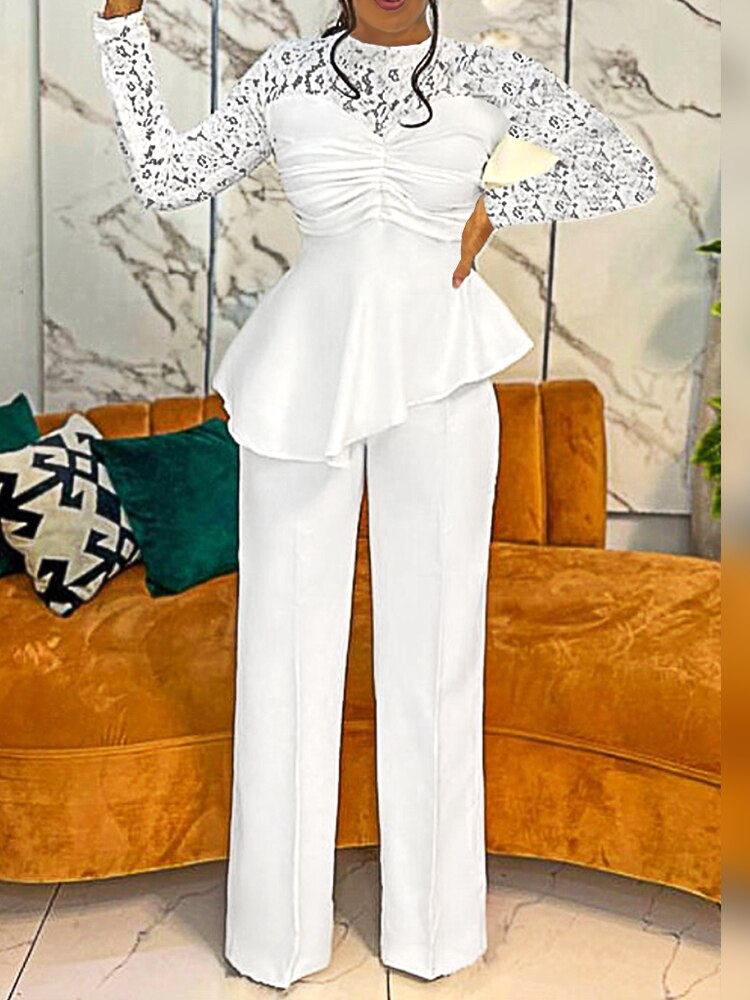Women Patchwork See Through  White Lace Jumpsuits Autumn