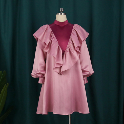 Pink Ruffles Puff Sleeve 4XL Satin Loose Dress Mini
