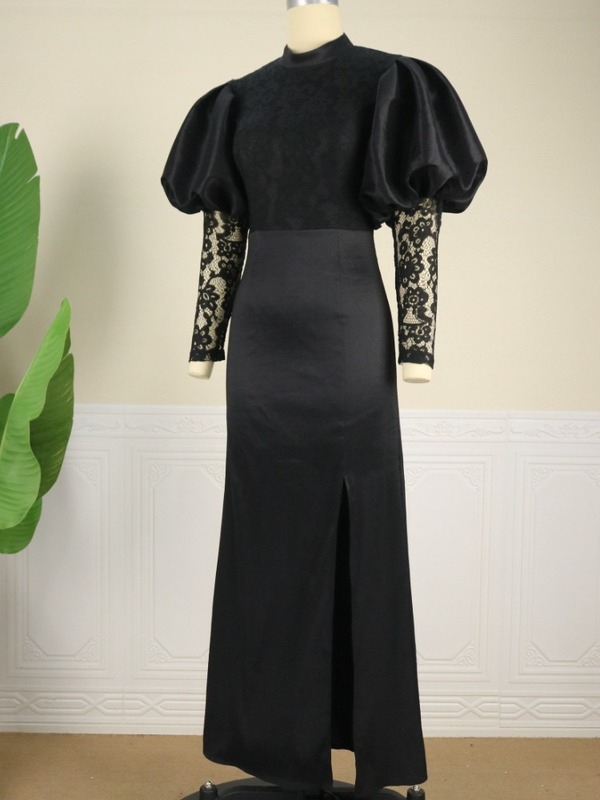 Puff Sleeve Lace Patchwork Half Slit Black Long Dresses Ladies