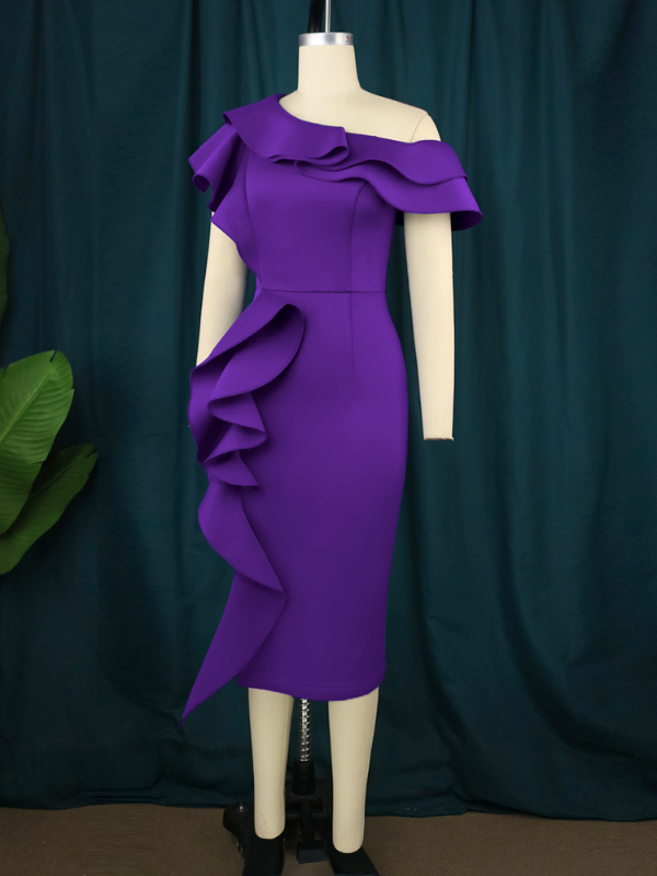 Women Purple Off Shoulder Ruffles Bodycon Dress
