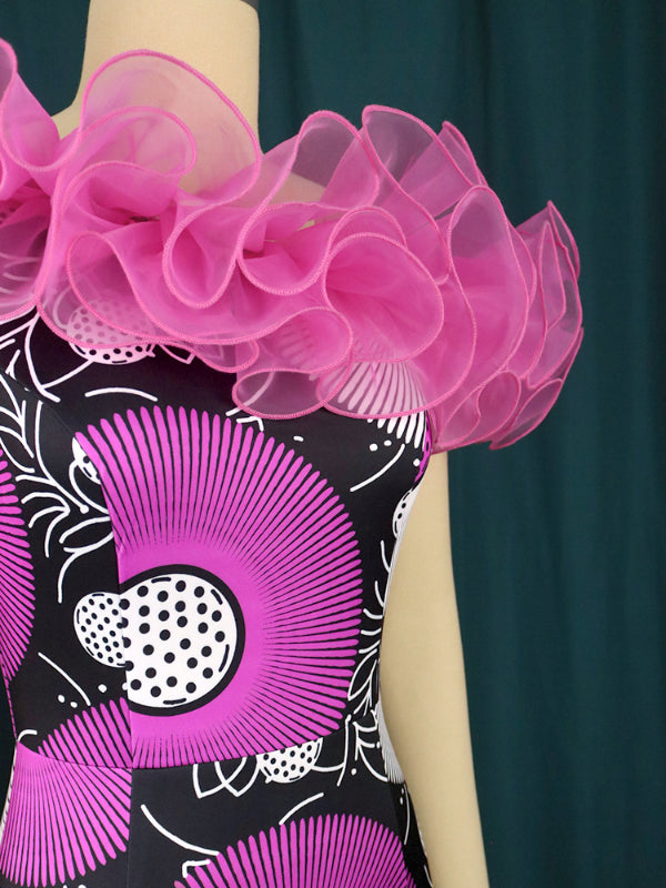 African Women Print Dress Ruffles Bare Shoulder Midi