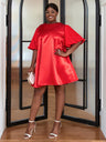 AOMEI Plus Size Red Shiny Loose Shirt Dresses Mini