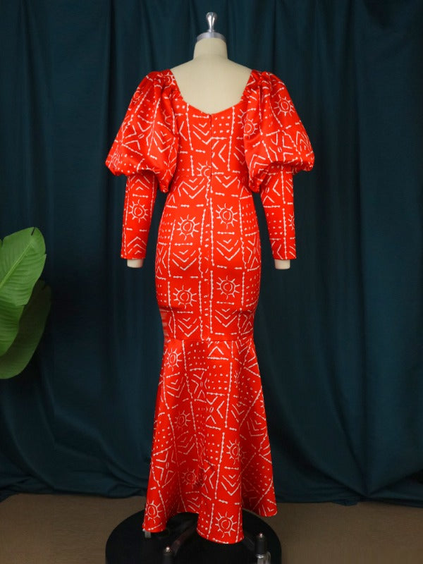 AOMEI Lantern Sleeve Printed Mermaid Maxi Dress