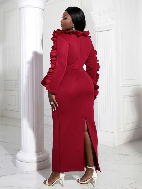 AOMEI Red Long Ruffle Prom Dress Maxi