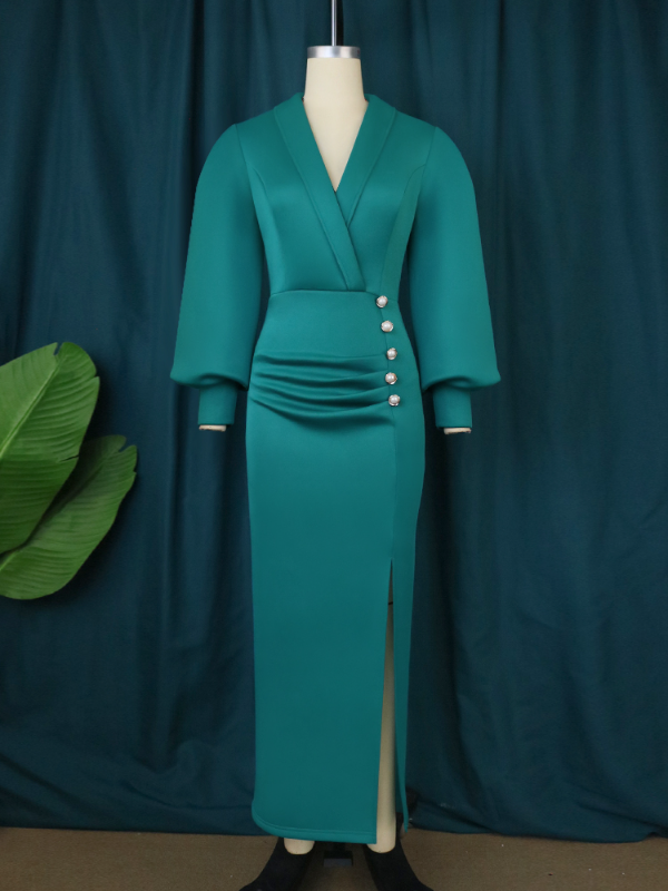 Woman Long Sleeves Elegant Slit  Dress Office Lady