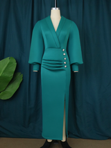 Woman Long Sleeves Elegant Slit  Dress Office Lady