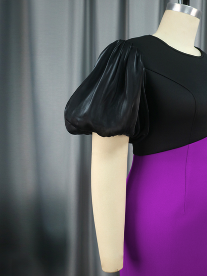 AOMEI Short Puff Sleeve Purple Black Patchwork Dresses Midi