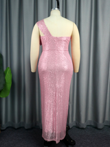 AOMEI One Shoulder Bow Pink Sequins Dresses Maxi