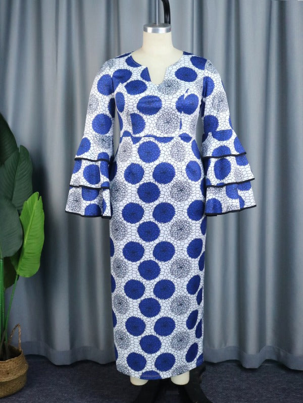 AOMEI Plus Size Printed  Long Flare Sleeve Dresses Maxi