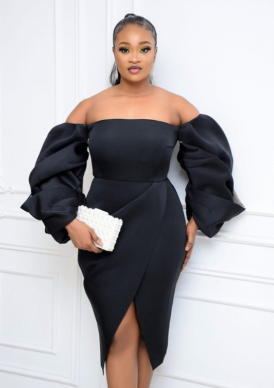 Off Shoulder Puff Sleeve Backless Midi Party Dress