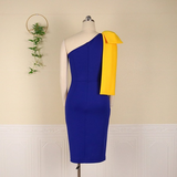 One Shoulder Bowtie Blue Yellow Patchwor Bodycon Dress