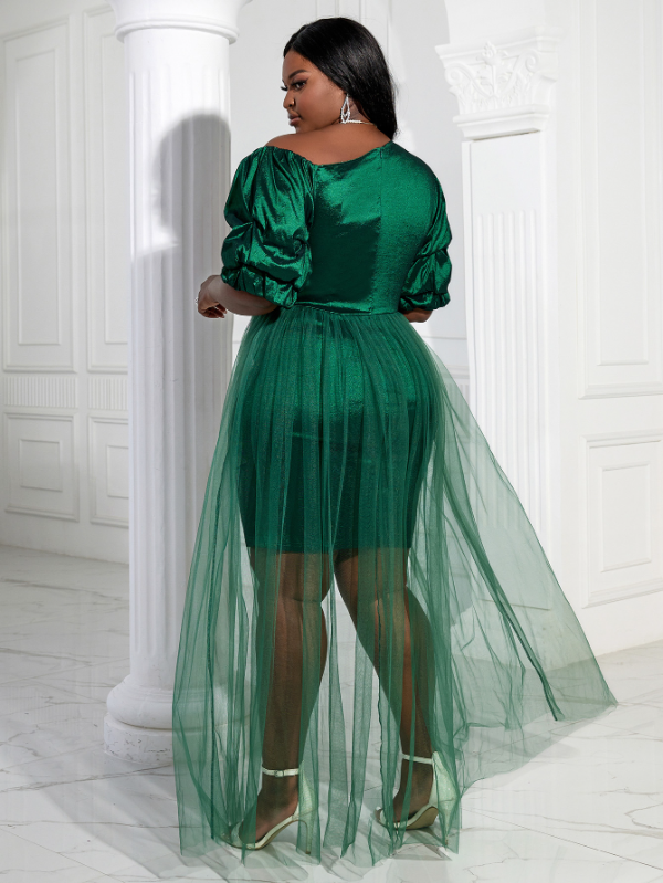 Women Puff Sleeves Patchwork Mesh Green Dress