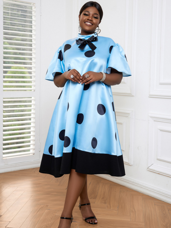 AOMEI Plus Size Blue Black Dot Loose Dress Midi