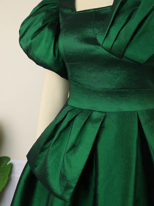 Puff Sleeve High Waist Pleated Green Prom Dress