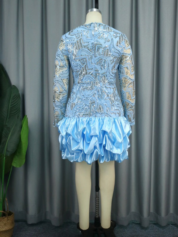 AOMEI V Neck Blue Lace Sequin Dress Mini
