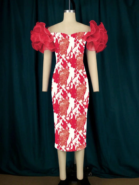 AOMEI Ruffle Short Sleeve Printed Vintage Dress Midi