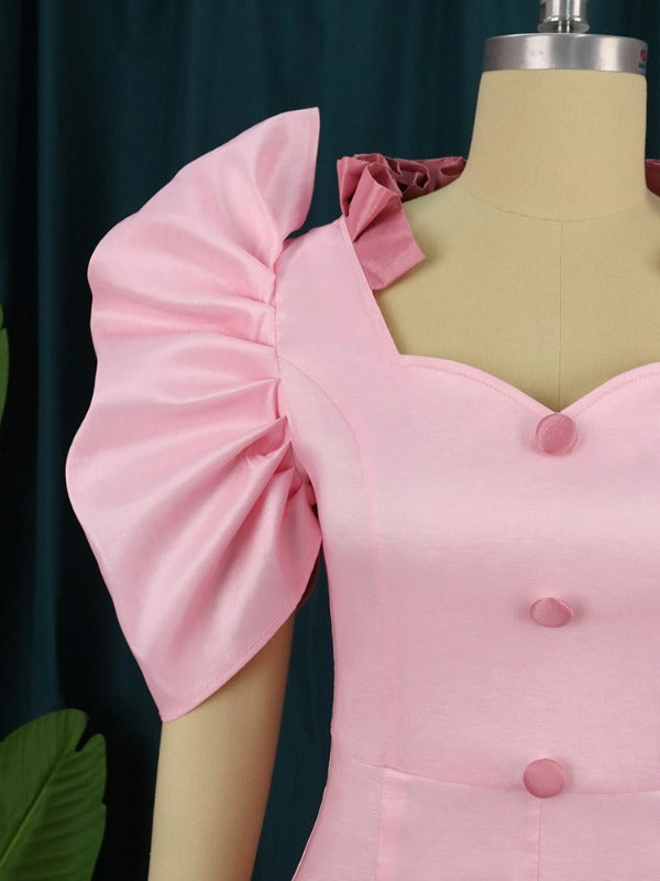 Women Short Puff Sleeve Pink Bodycon Party Dress Maxi