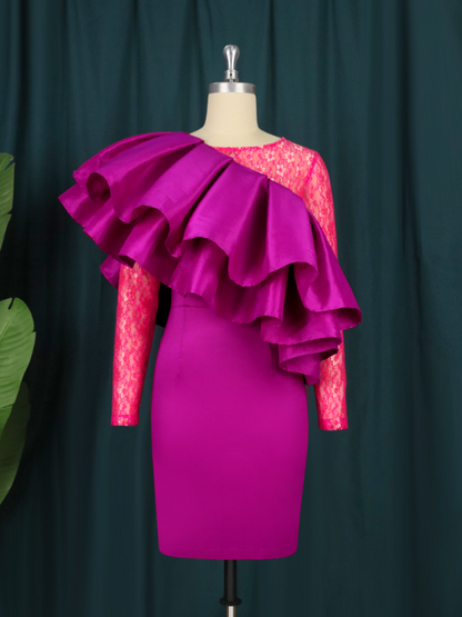 Women Rose Puffy Ruffles Lace Long Sleeve Midi Formal Party Dress