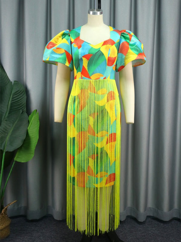 AOMEI Women Clolorful Printed Tassel Dress Maxi
