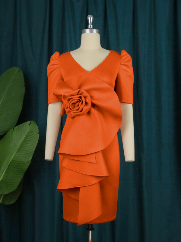 AOMEI Women Bodycon Ruffles Orange Midi Party Dress