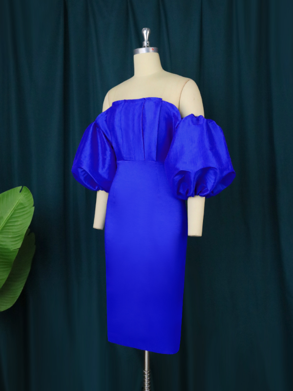 Women Off Shoulder Puffy Sleeve Blue Midi Dress