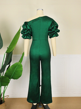 Green Short Folds Puff Sleeves Jumpsuits Ladies