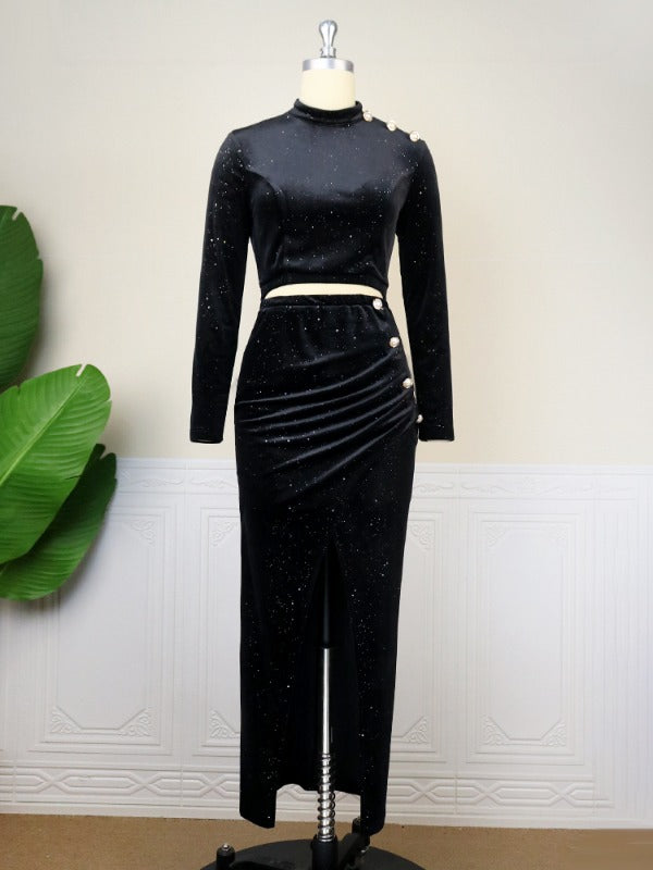 AOMEI Sexy Black Velvet Glitter Slit Party Dress Maxi