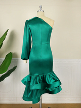 Green Party One Shoulder Folds Irregular Bodycon Dress